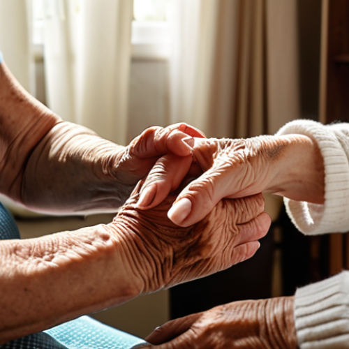Home 14 **
A kind, elderly caregiver gently holding the hand of their grandmother, who has dementia. The scene is set in a calm, well-lit home environment, with soft, comforting lighting and familiar objects visible in the background. This captures the importance of compassionate communication and a safe environment for dementia patients.
**