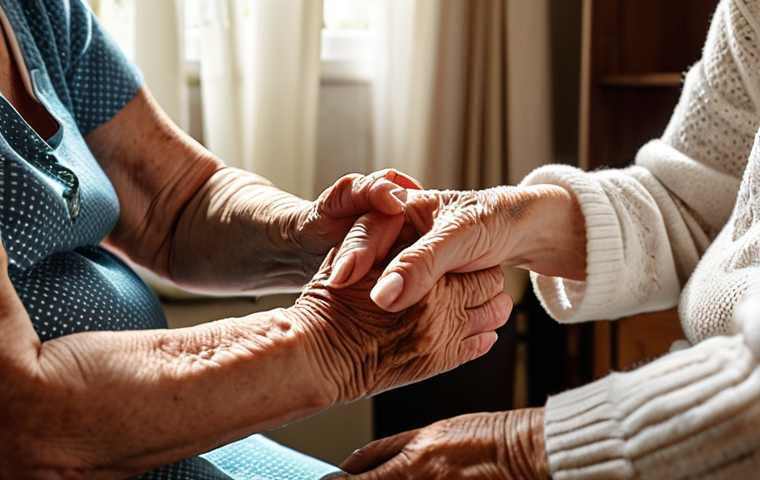 **
A kind, elderly caregiver gently holding the hand of their grandmother, who has dementia. The scene is set in a calm, well-lit home environment, with soft, comforting lighting and familiar objects visible in the background. This captures the importance of compassionate communication and a safe environment for dementia patients.
**