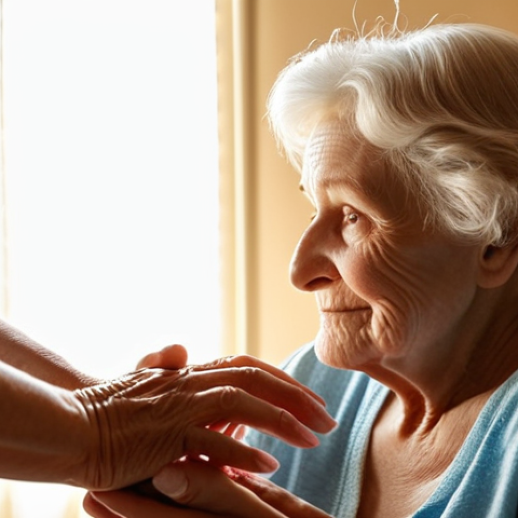 **

A warm, compassionate caregiver gently holding the hand of an elderly woman with dementia in a sunlit room. The caregiver is actively listening, demonstrating patience and empathy. The setting is a comfortable and safe home environment, emphasizing respect for the patient's autonomy and dignity. Soft, natural lighting to convey a sense of peace and security.

**