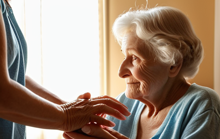 **
A warm, compassionate caregiver gently holding the hand of an elderly woman with dementia in a sunlit room. The caregiver is actively listening, demonstrating patience and empathy. The setting is a comfortable and safe home environment, emphasizing respect for the patient's autonomy and dignity. Soft, natural lighting to convey a sense of peace and security.
**