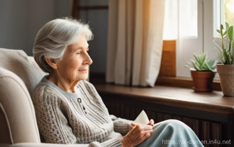 치매관리사와 가족 간 소통 방법 - **Prompt 1: "The Calming Embrace"**
    A tender and heartwarming scene indoors. A kind, elderly wom...