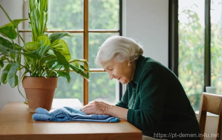 치매관리사 필수 중점과목 정리 - **Prompt:** A heartwarming scene featuring an elderly person with dementia and their caregiver. The ...