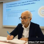 치매관리사 경력 개발 계획 세우기 - A professional caregiver attending a workshop on dementia care, sitting attentively in a modern conf...