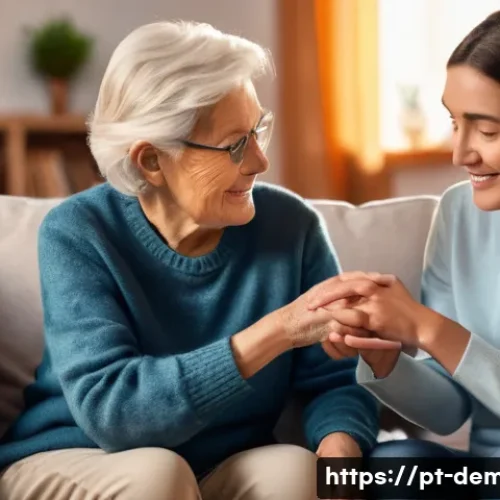 치매관리사로 일하며 필요한 마음가짐 - A compassionate caregiver gently holding the hand of an elderly person with dementia in a cozy, soft...