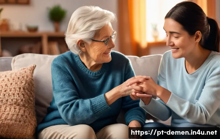 치매관리사로 일하며 필요한 마음가짐 - A compassionate caregiver gently holding the hand of an elderly person with dementia in a cozy, soft...