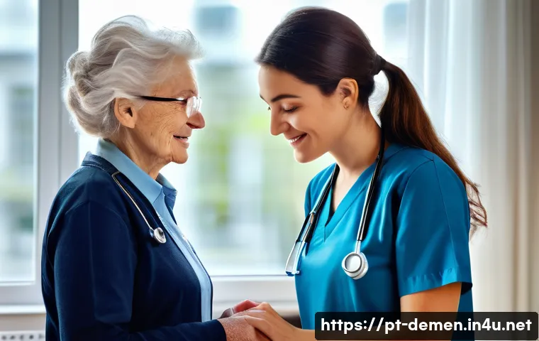 치매관리사 자격증 해외 인증 여부 - A professional dementia caregiver in a modern healthcare setting in Europe, wearing neat and appropr...