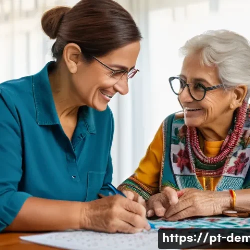치매관리사 고충과 해결 방안 - A compassionate middle-aged Brazilian caregiver wearing casual comfortable clothing and eyeglasses, ...