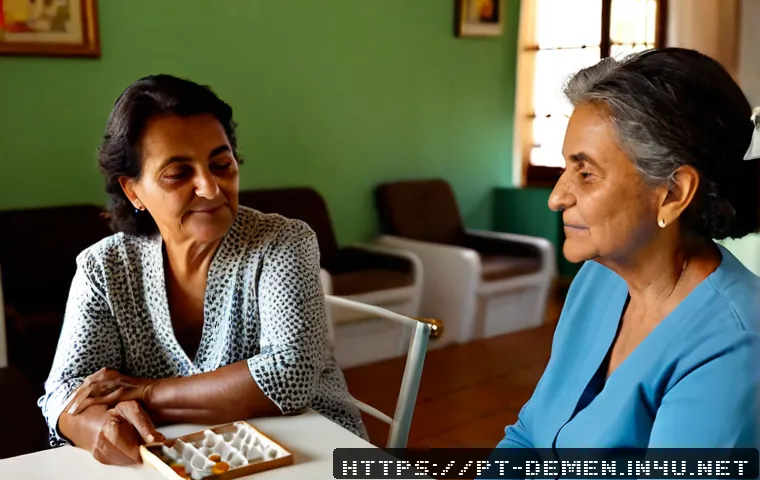 치매관리사 주요 업무와 역할 - Photorealistic dementia care professional assisting an older Brazilian woman with organizing a weekl...